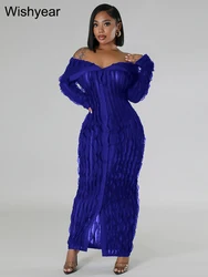 Elegant Lace Ruffle Bodycon Maxi Dress for Women Sexy Slash Neck Off Shoulder Long Sleeve Slim Night Club Party Birthday Dresses
