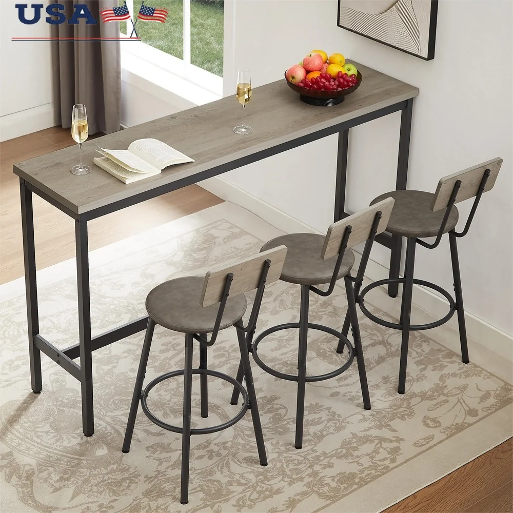 Long Bar Table Set with 3 Comfortable PU Stools Modern Kitchen Dining Rustic Industrial Furniture