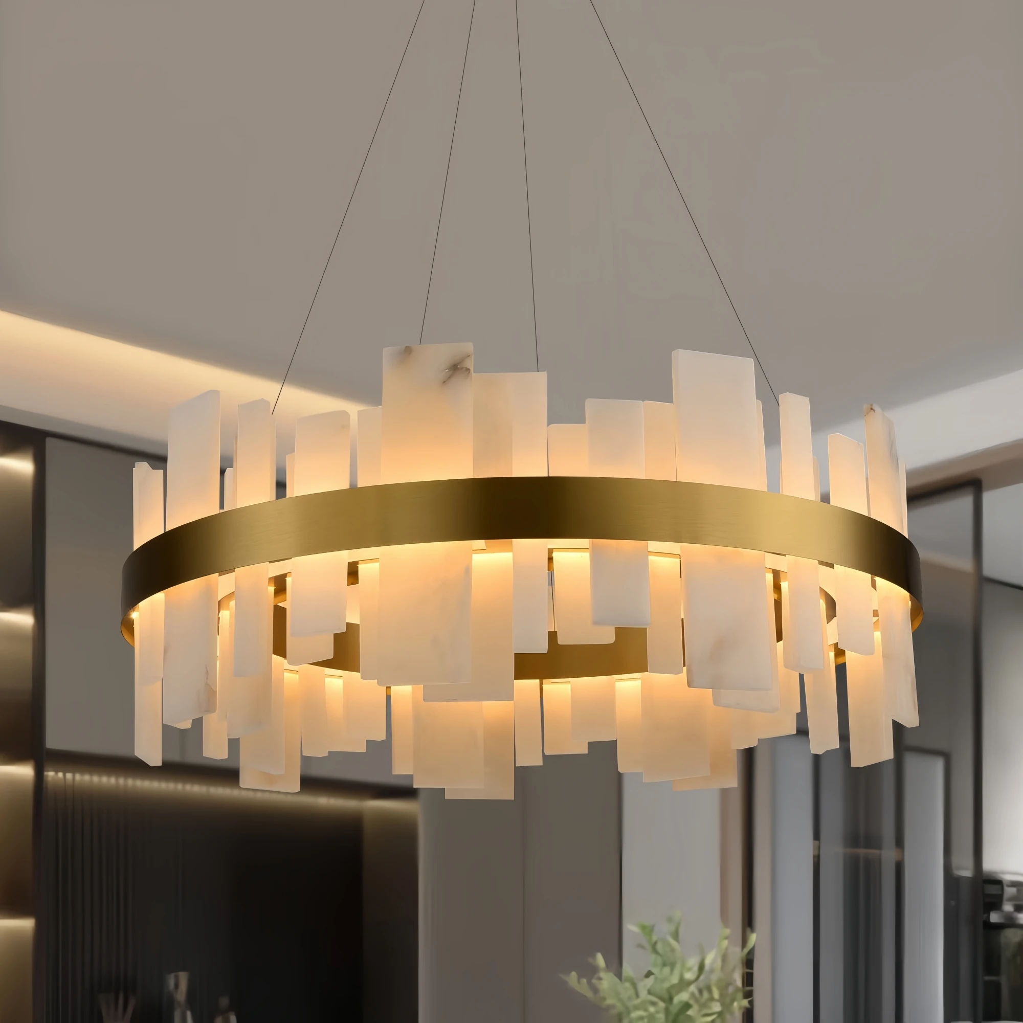 

Modern Alabaster Round Chandelier LED Gold Black for Dining Room Bedroom Bar Study Marble Pendant Lighting Fixture