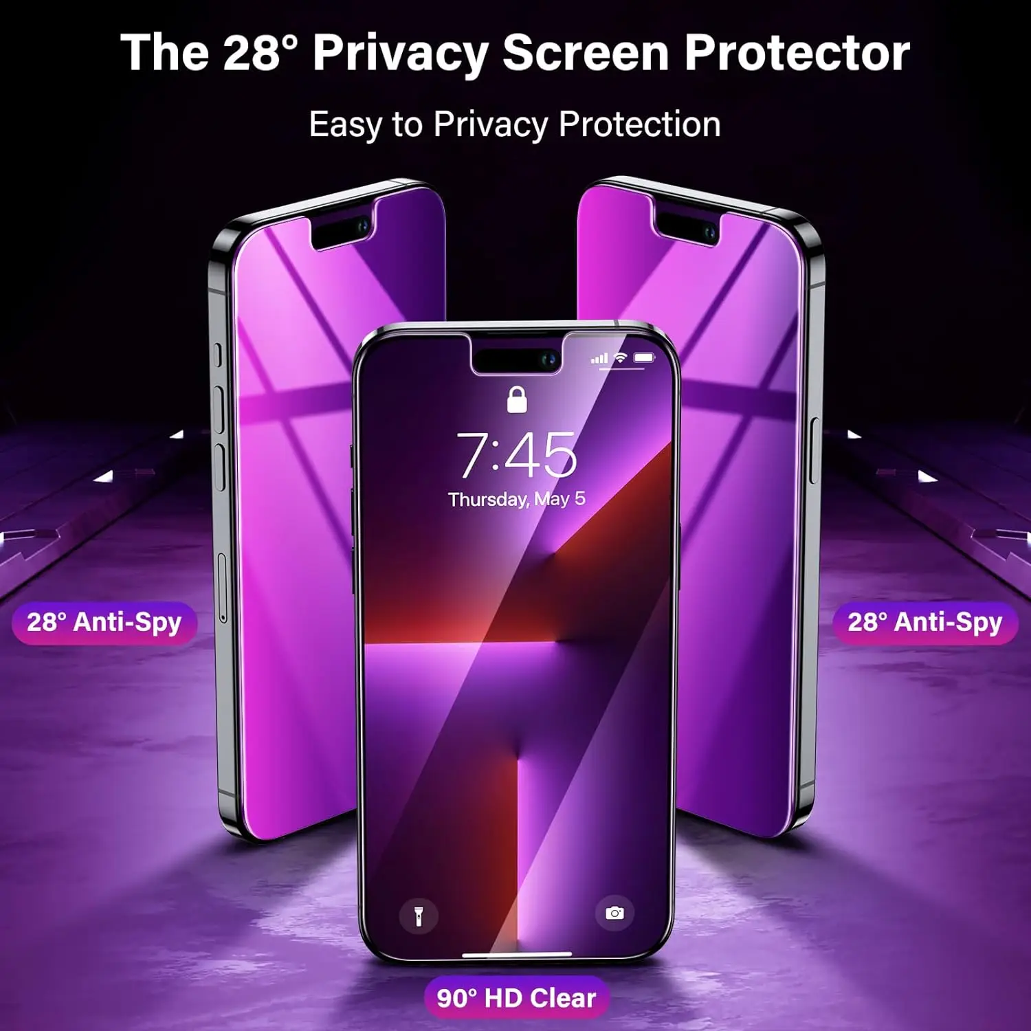 für iPhone 15 14 13 17 16 Pro Max Sichtschutz-Displayschutz, lila Farbverlauf, Anti-Spionage, Anti-Blau, HD-Displayschutz aus gehärtetem Glas – Detail 4