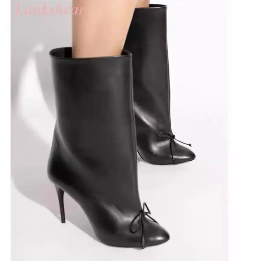 

New Autumn and Winter Women's Large Tube Circumference Black Comfortable Stiletto Pointed Toe Bow Embellished Mid-Calf Boots