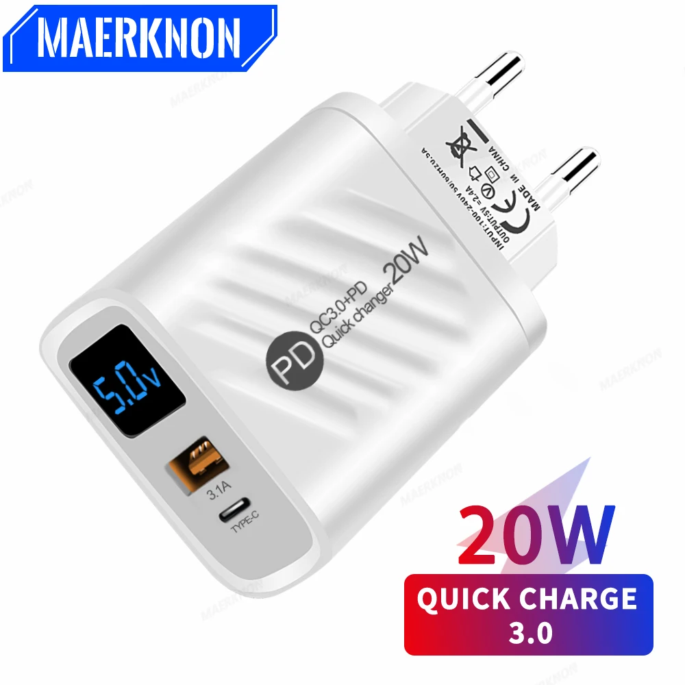 20W PD Charger with Digital Display Fast Charging Adapter QC 3.0 For Iphone 14 13 Pro Max Xiaomi Samsung Mobile Phones Charger