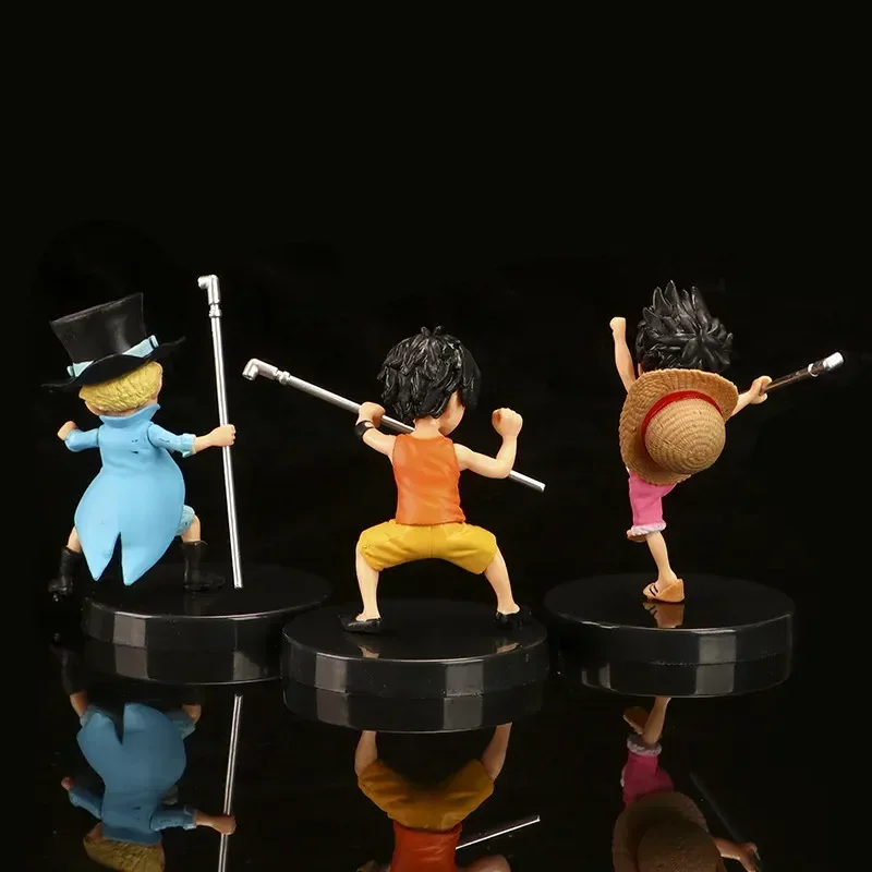 PVC Action Figurine Model Toys, Figura Anime, Luffy, Ás, Sabo com Bastão, Arma, Bonecas de Infância, Presente, 9cm, 3Pcs Set