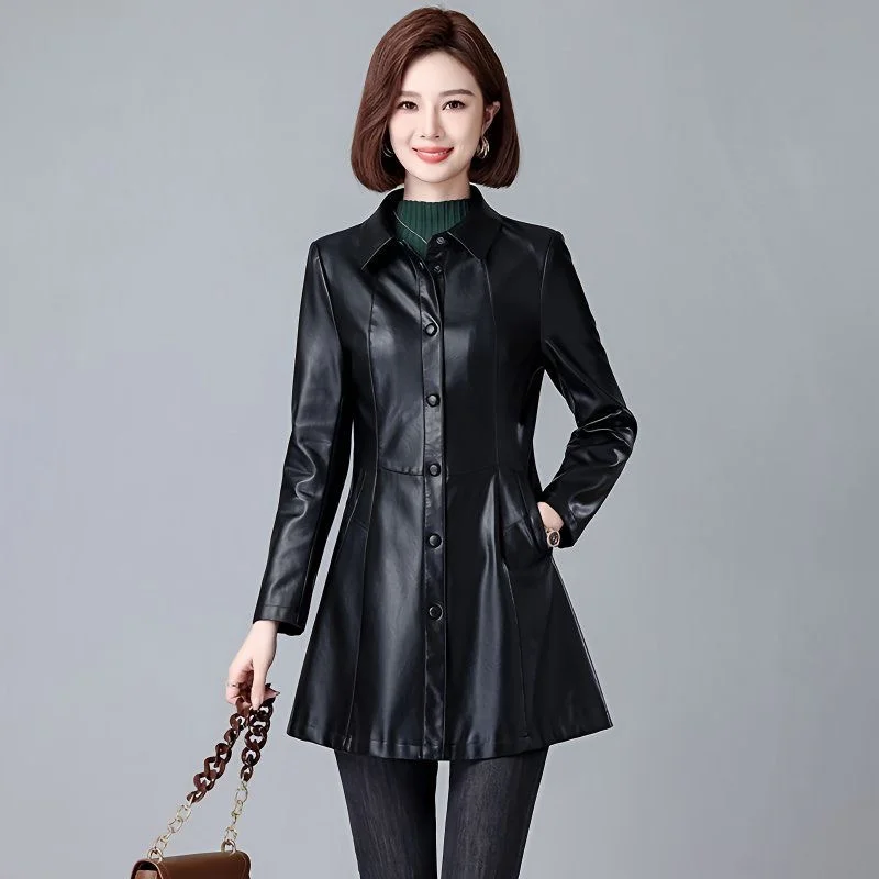 여성 가죽 양피 트렌치 코트 가을 겨울 패션 턴 다운 칼라 버튼 슬림 중간 길이 가죽 자켓 스플릿 가죽