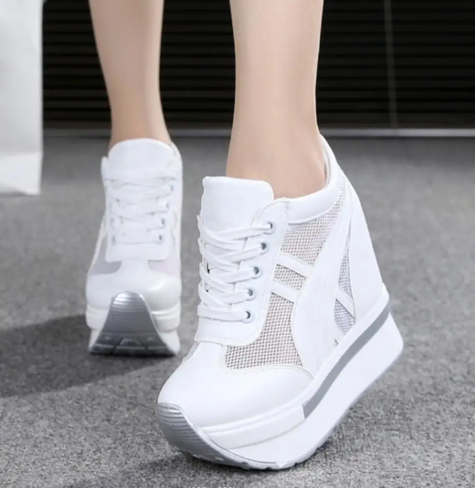 2024 New Classic Women Mesh Platform Sneakers White Shoes 10CM High Heel Wedges Outdoor Breathable Internal Increase Casual Shoe