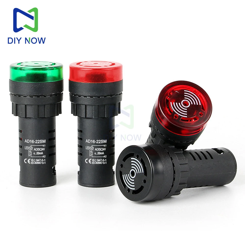 AD16-22SM Brzęczyk Sygnał Intermitentny LED Światło Migające Wskaźnik AC/DC Alarm Brzęczykowy DC12V 24V AC110V Alarm Brzęczykowy