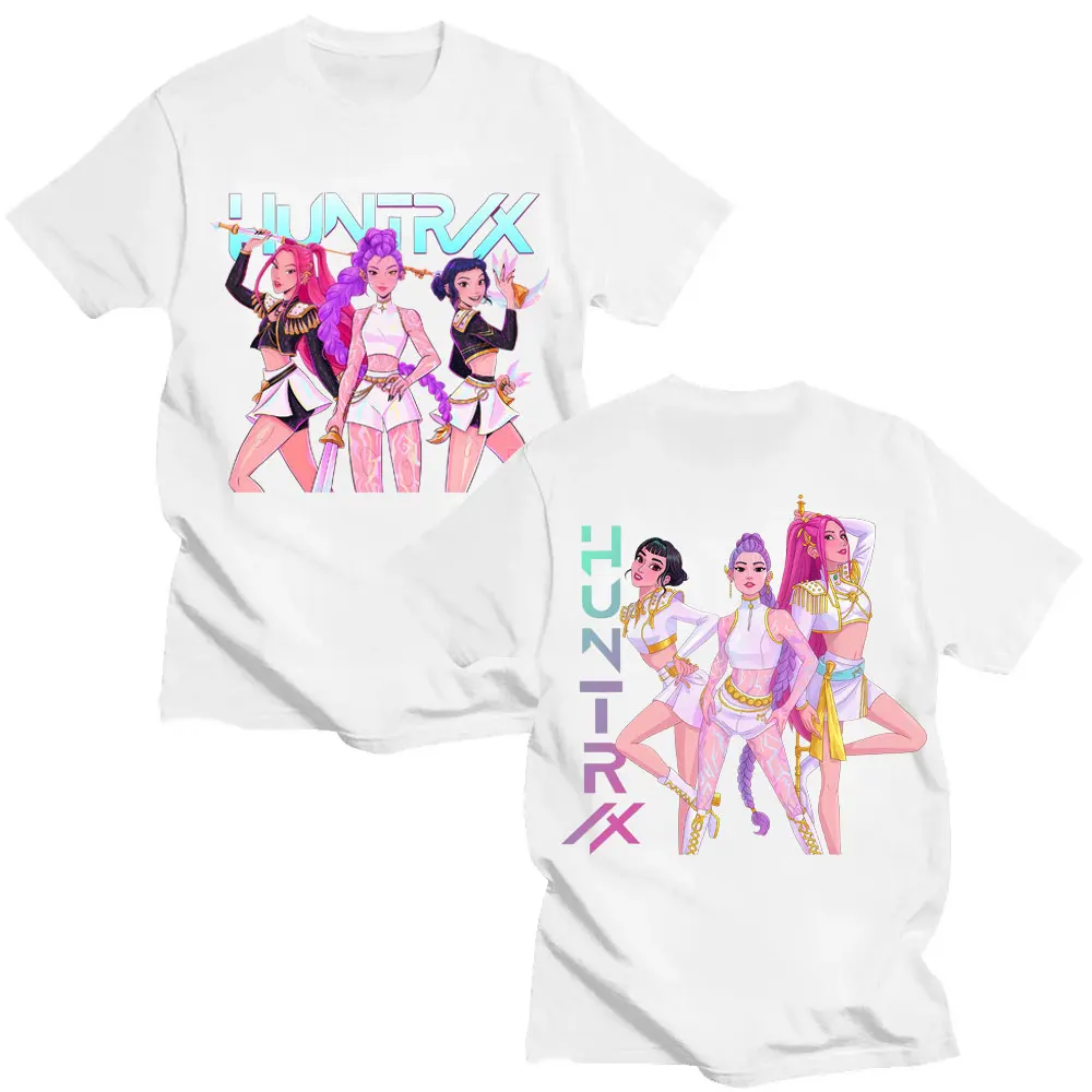 

Аниме Huntrix Kpop Demon Hunters Графическая футболка Mira Rumi Zoey Модная эстетичная мужская и женская футболка большого размера, хлопковые повседневные футболки