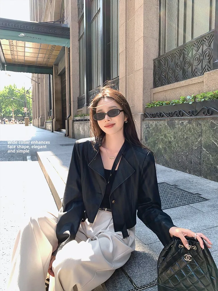 Slim Fit Bruin PU-leer Jaet Dames Lente Herfst Amerikaanse Sle ort Bikerjas V-Ne Button Decoration Commute Sle