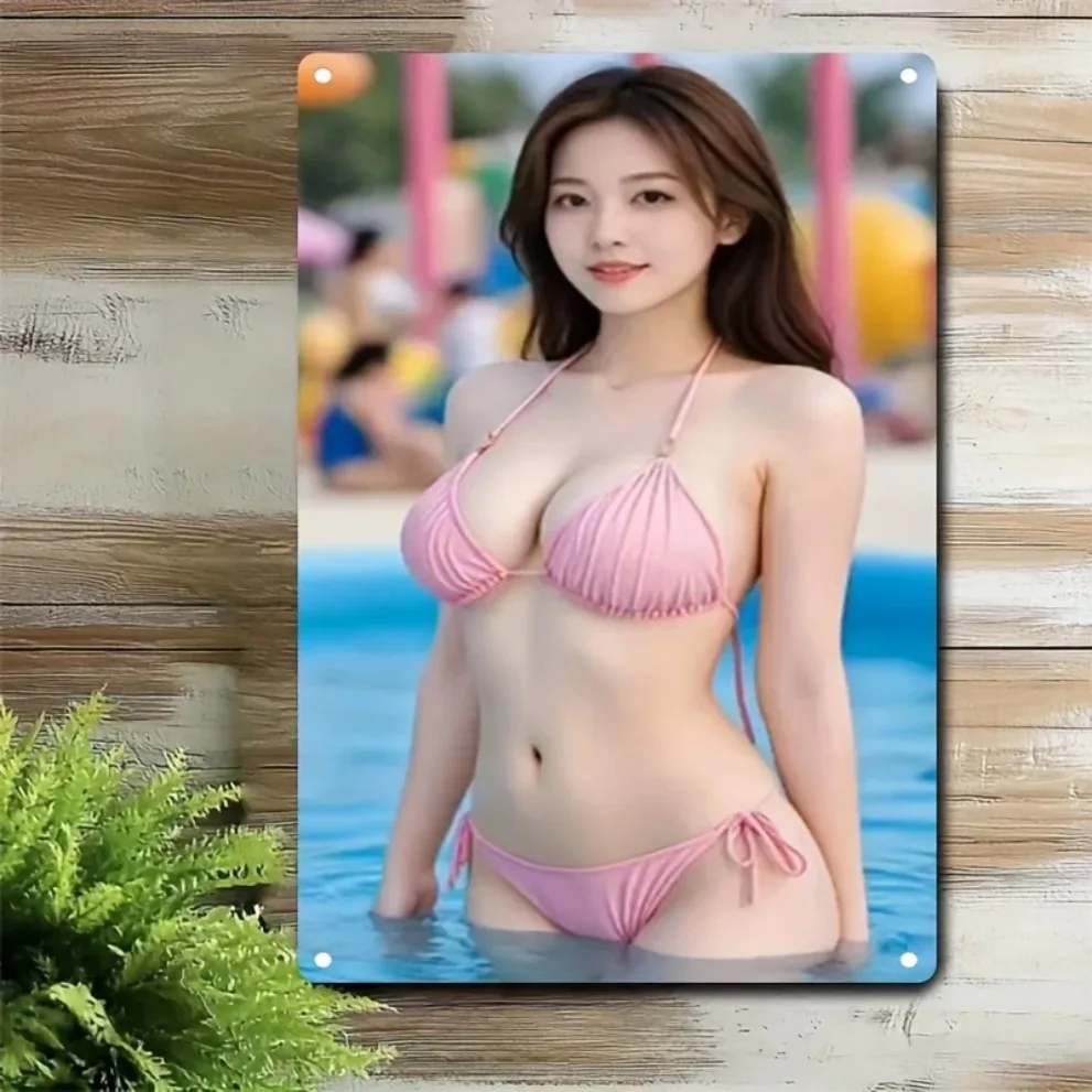 Pink Bikini Woman Metal Wall Sign, Pool Art Decor for Home Cafe Bar, Iron Poster Gift