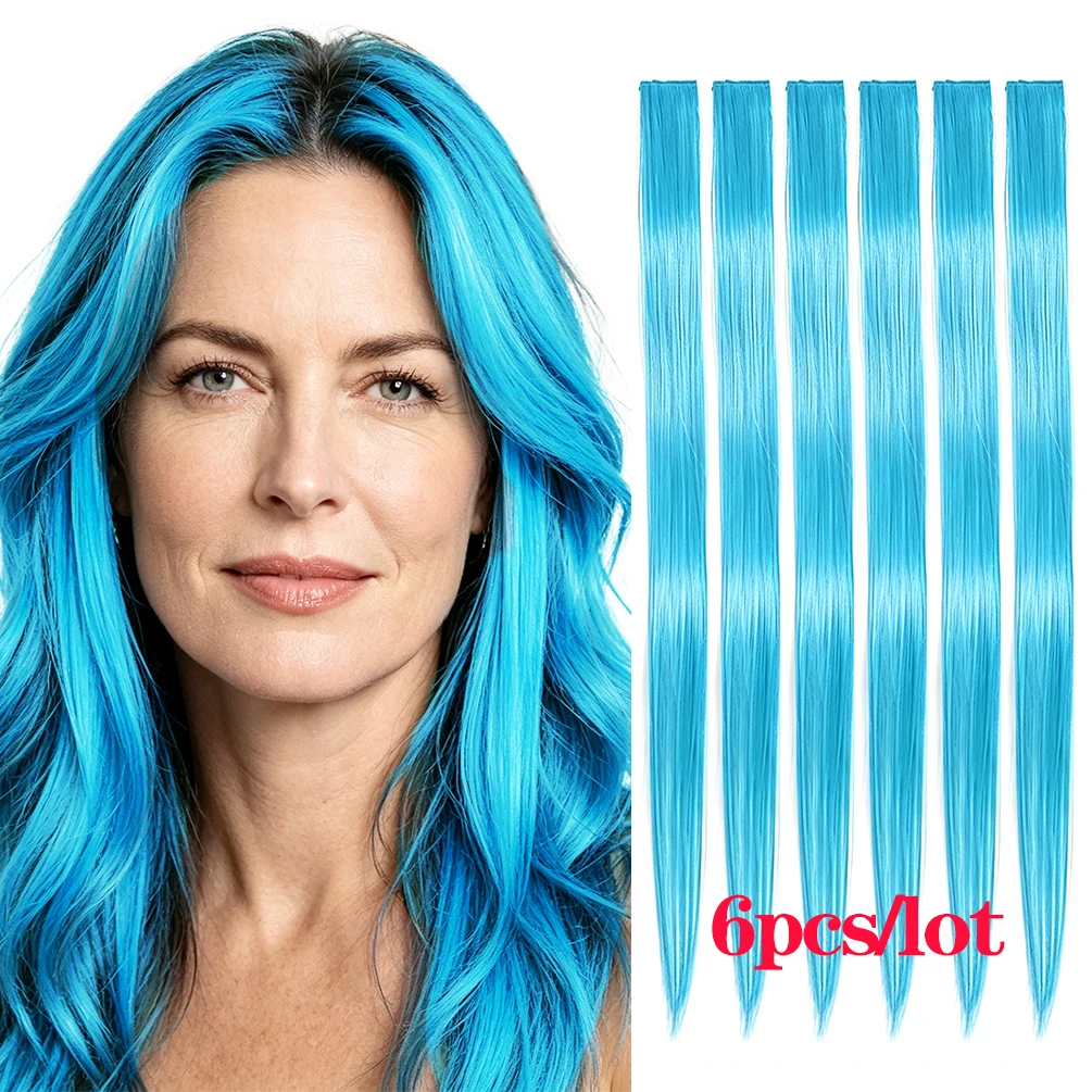 6 Pcs Synthetic Bright Cyan Clip In Hair Extensions, Straight Colored Highlight Hair Streaks Heat Resistant Synthetic Fiber