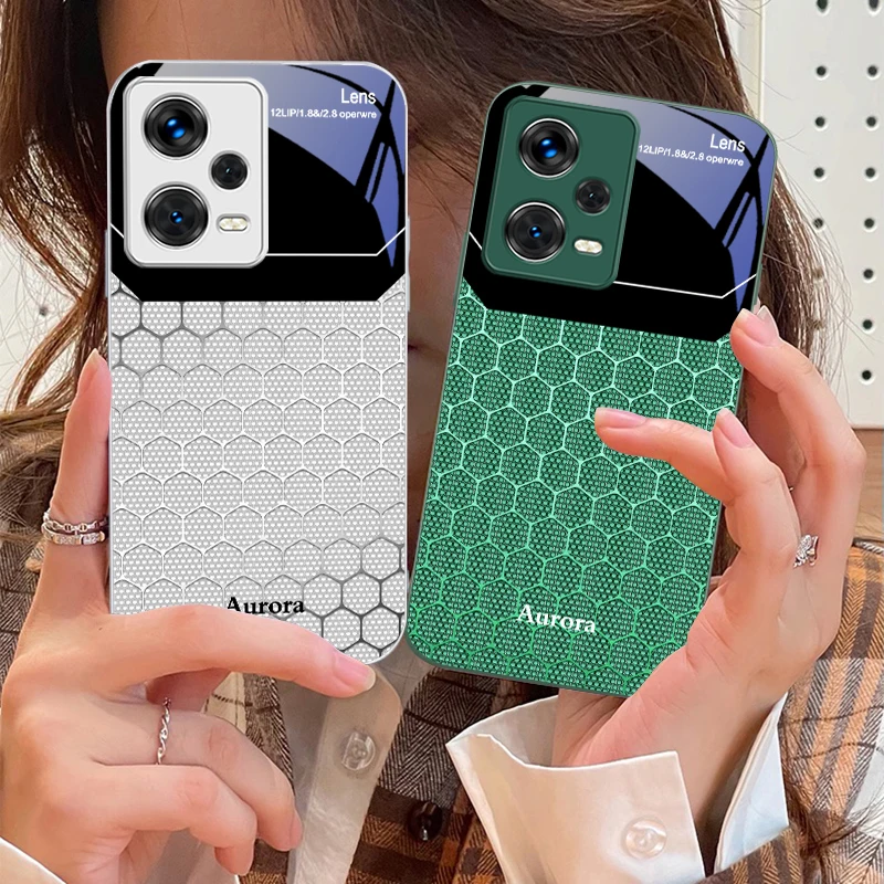 Grade hexagonal de maçã para xiaomi 14 ultra 13 lite redmi note 13 11 pro 12 plus poco x6 3 pro f4 6 gt capa de telefone temperado