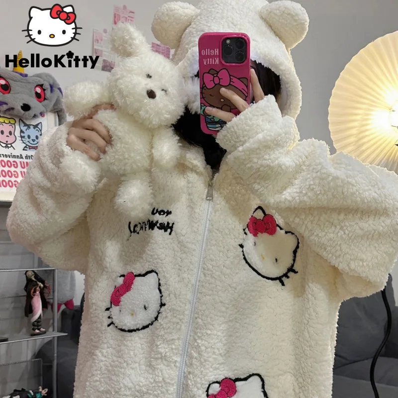 Sanrio Hello Kitty New Fashion Hoodies Cartoon Cute Plush Autumn Jacket Women Loose Zipper Cardigan Shirts Y2k Top Coat Kawaii