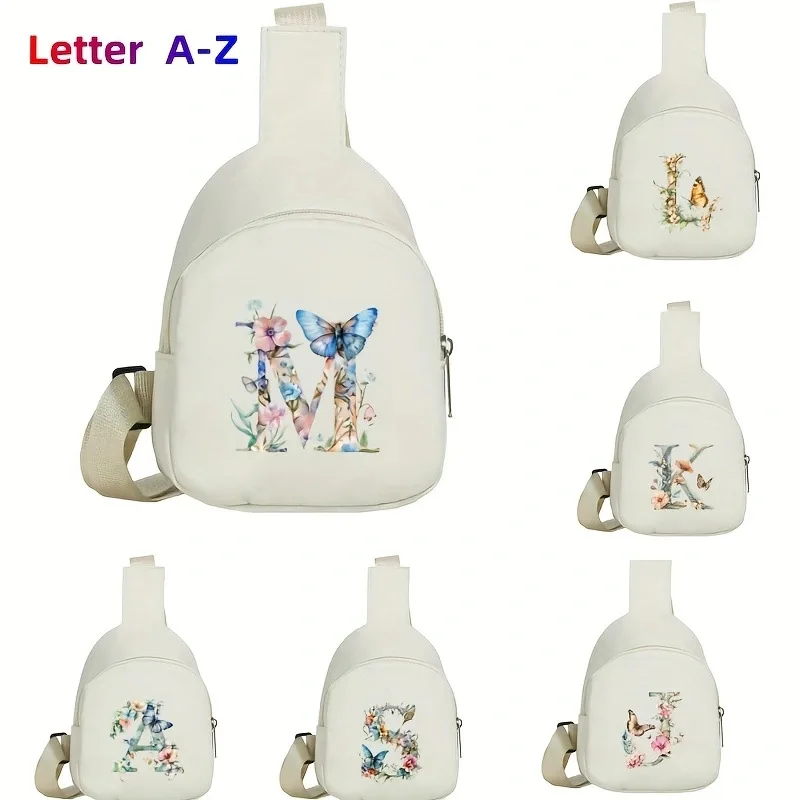 Cute Letter A-Z Print Sling Bag, Gift for Teen Girls Small Crossbody Chest Pack with Zipper Sweet Floral Pattern Mini Daypack