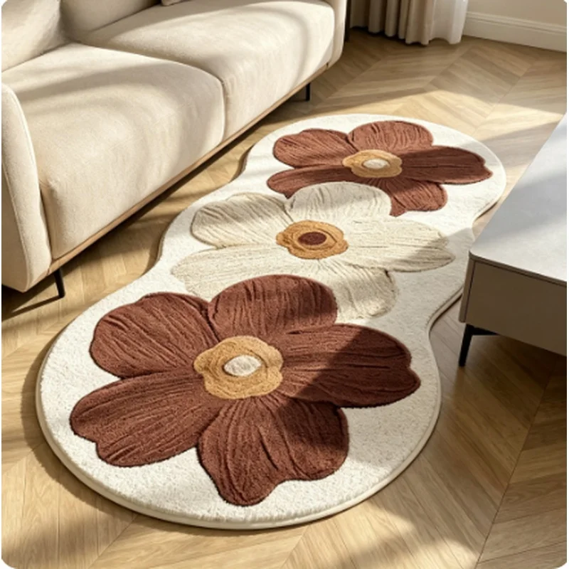 Nordic Style Floral Area Rug Blue Beige Flower Plush Mat Decorative Carpet for Bedroom Girls Room Home Decor
