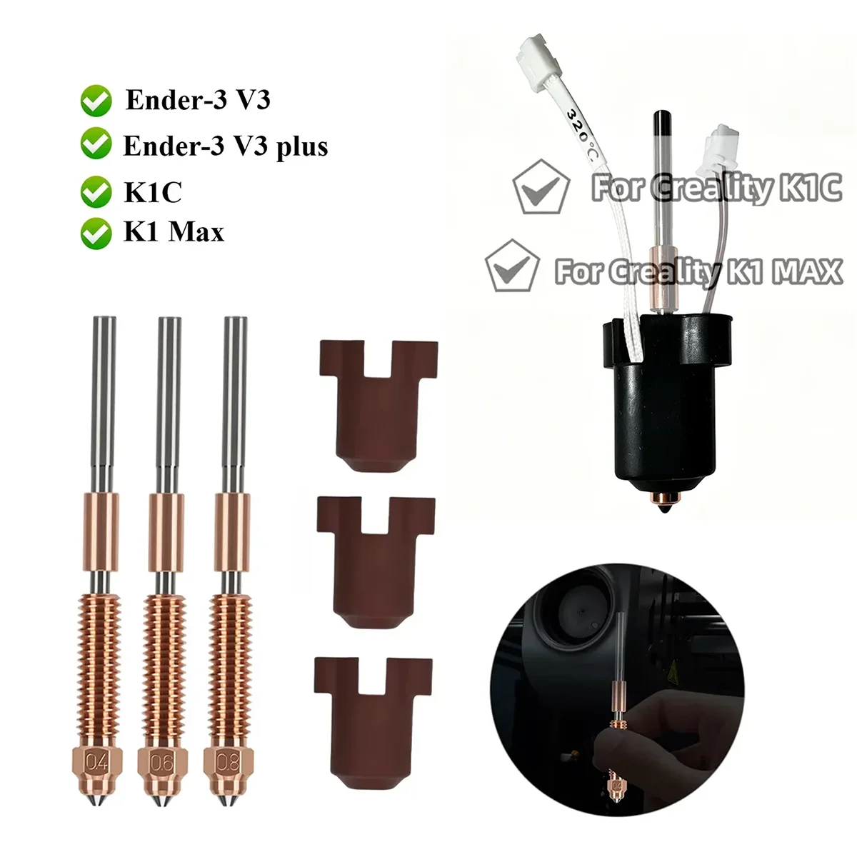 

Hotend For Creality K1C K1 MAX Ceramic Heating Block Kit 0.4mm Quick-Swap Integrated Nozzle High Flow Printing 3D Printer Parts