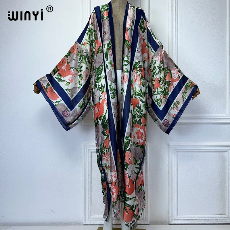 WINYI Africa Bohemia print Kimono long dresses for woman Cardigan beach outfits kaftan beach cover up evening dress maxi coat