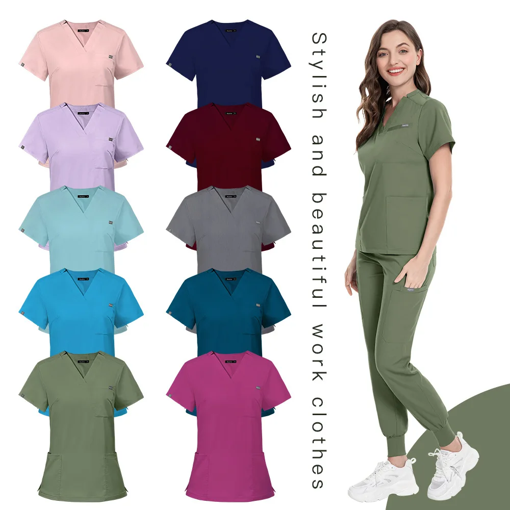 Medical Scrub Set Beauty Hospital Surgical Uniforms Women Scrub Tops Pants Nurses Accessories Dental Clinic Pet Workwear Clothes