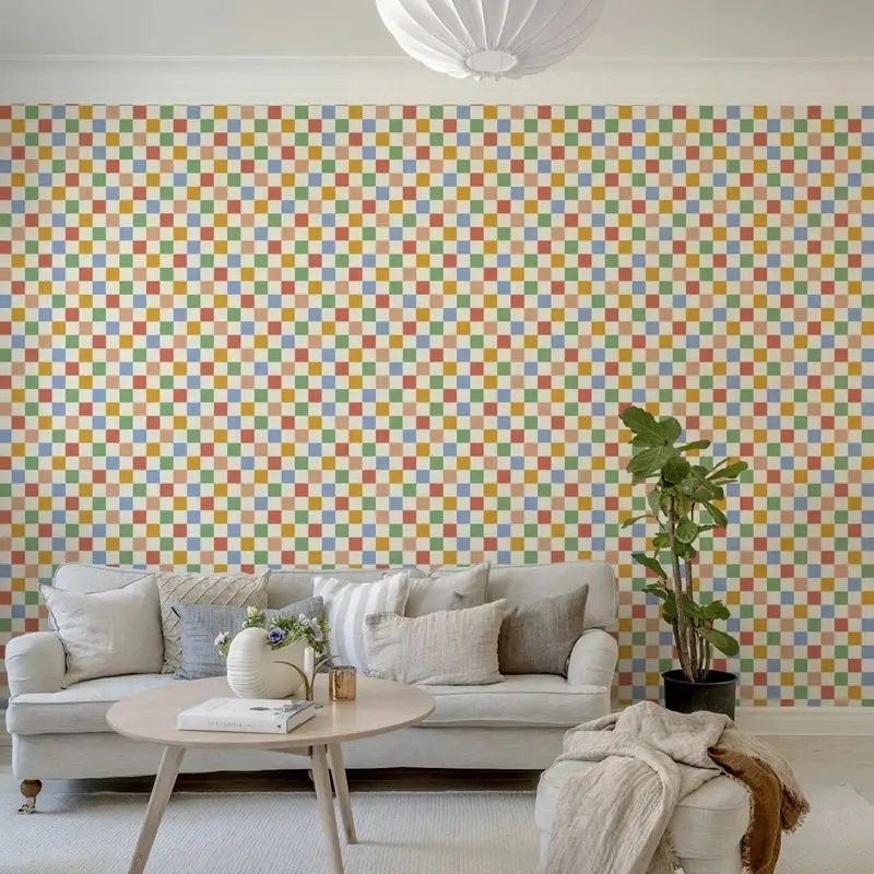 Retro Checker Wallpaper, Funky Abstract Checker Grid Pattern In Multiple Groovy Colors, Mural Bold  Décor For Any Room,