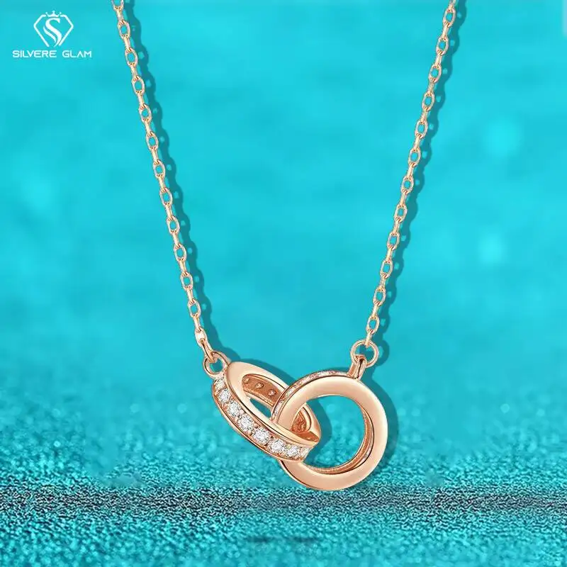 

SG стерлингового серебра 925 пробы, розовое золото 18 карат, двойное кольцо, ожерелье для женщин, переплетенные кольца, ожерелье, ювелирные изделия, подарок