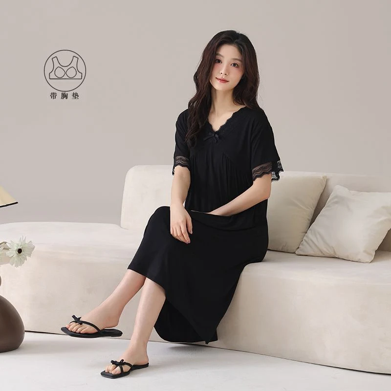 

2025 Summer Short Sleeve Sexy Lace V-neck Modal Nightgowns for Women Korean Loose Sleepwear Night Dress Nightdress Home Nighty
