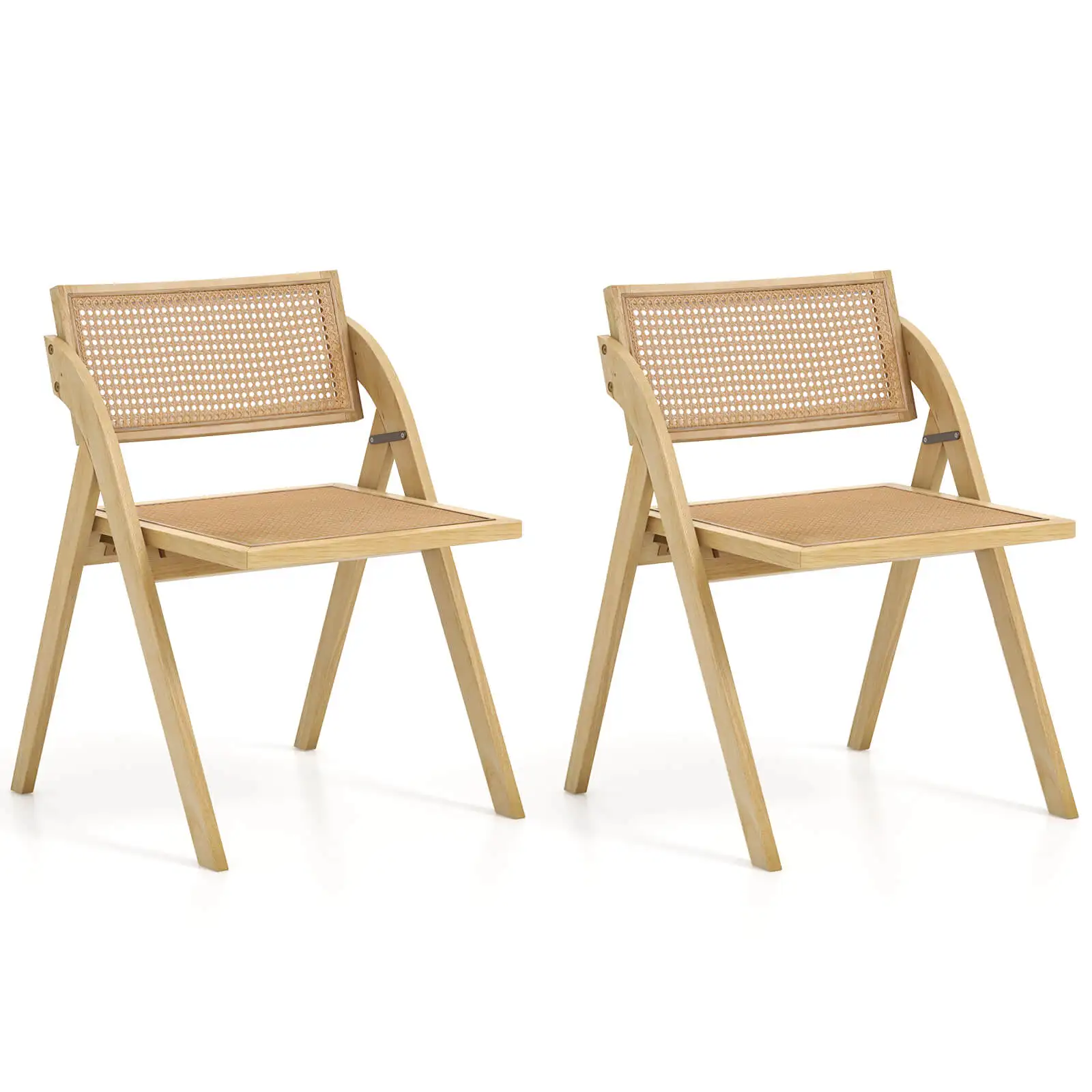 Foldable Dining Chairs Set of 2 w/Woven Rattan Backrest & Seat Rubber Wood Frame