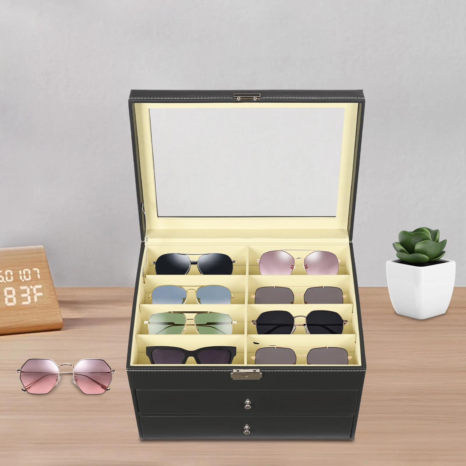 

Органайзер-витрина для очков на 24 отделения с 3 выдвижными ящиками для демонстрации часов, солнцезащитных очков, ювелирных изделий, очков (черный)