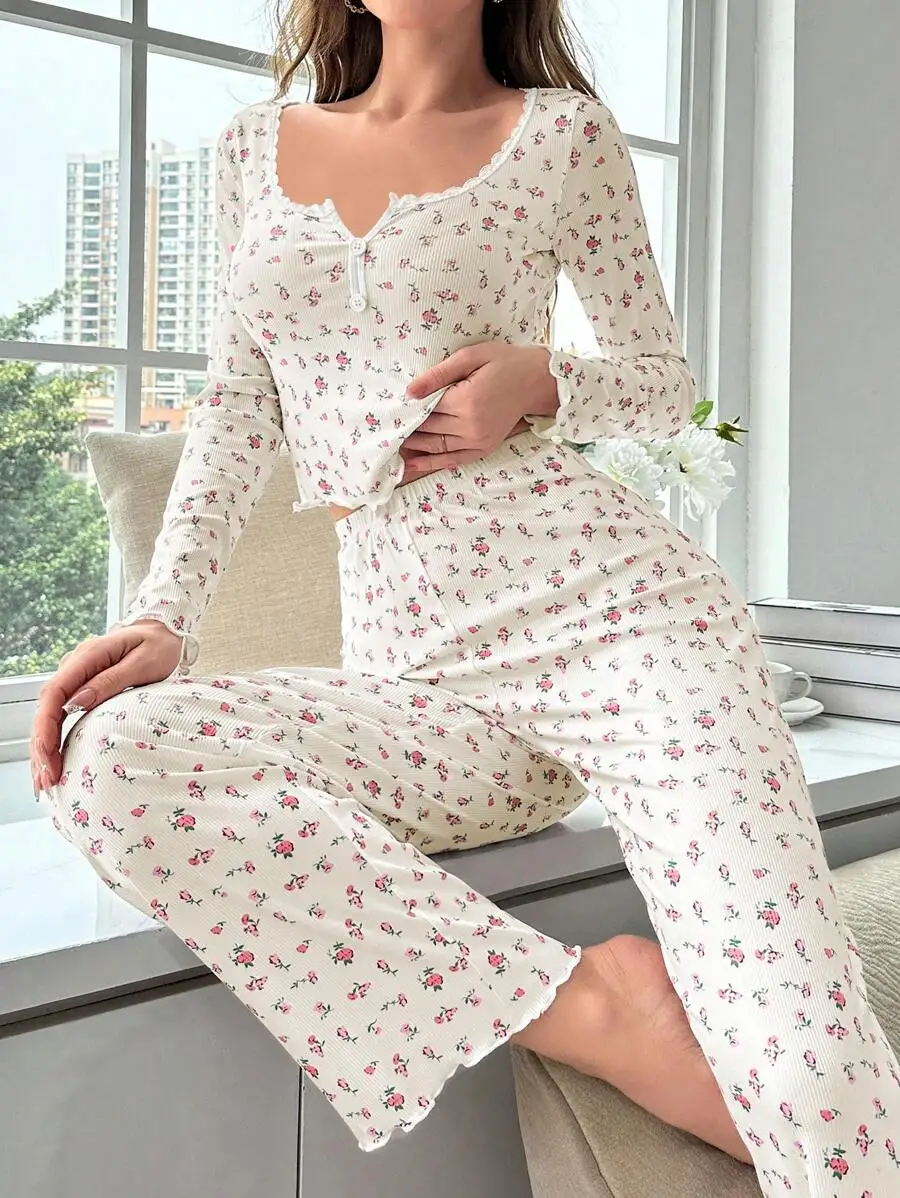 

Ribbed Floral Pajama Set With Rose Print, Cozy Elegant Lounge Wear For Women