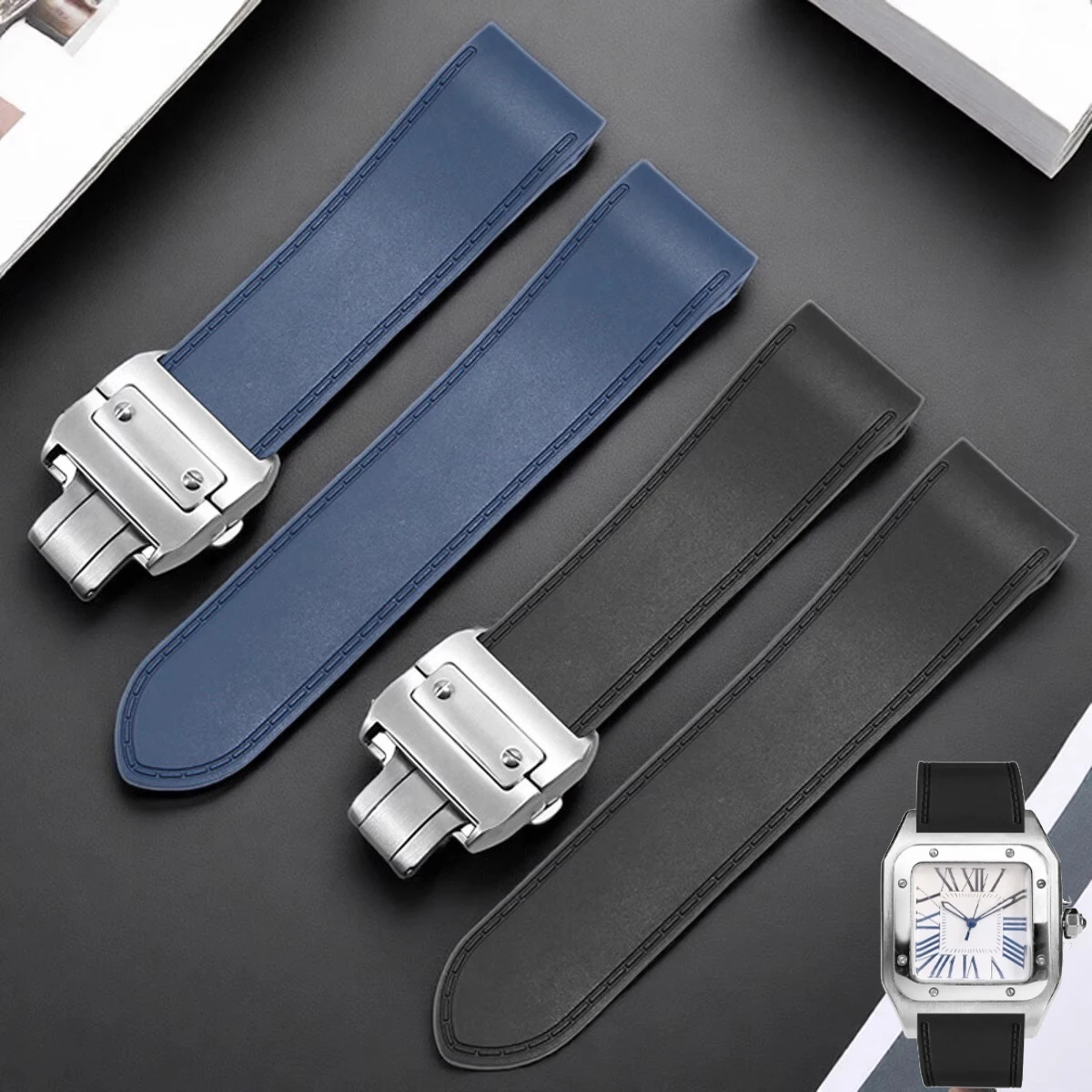 Para Cartier santos100 Santos correa de reloj de goma de silicona santos 100 correa de reloj con hebilla de Metal 23mm 25mm pulsera suave negra y azul