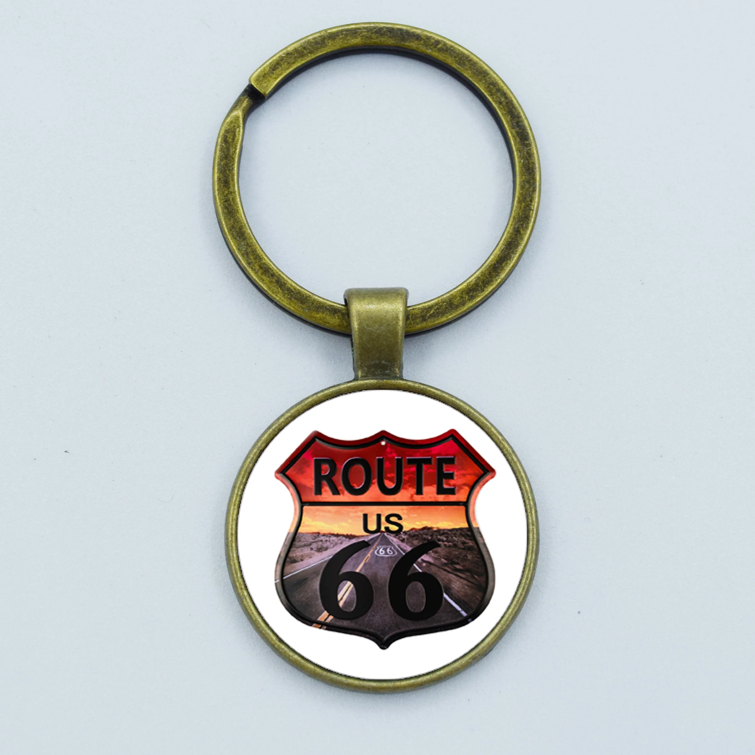 Vintage ROUTE 66 brelok motocyklowy brelok samochodowy ręcznie robione szkło kaboszon klucz uchwyt na łańcuszek kobiet mężczyzn biżuteria prezent
