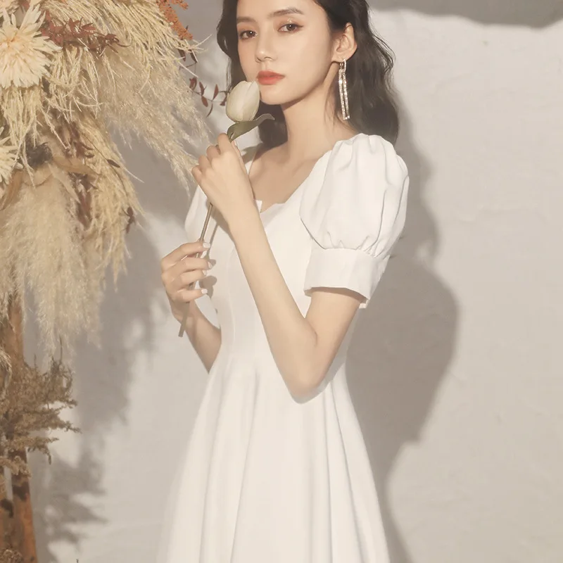 

White Short Party Dress Fashion Square Collar Puff Sleeve Slim Prom Gown Women's Simple A-Line Classic Satin Homecoming Vestido