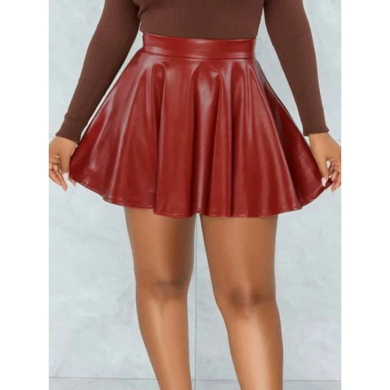 LW basic mid waist flare super short skirt sexy solid color PU leather swing women minidresses zipper fly daily loose dress