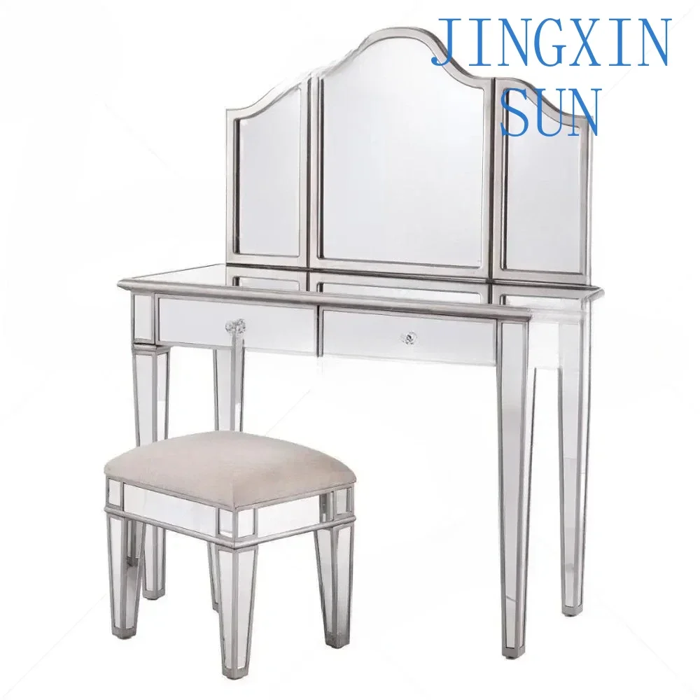 'Modern Diamond Crush Furniture Mirrored Dressing Table with Mirror and Stool Bedroom Pine Bedroom Sets Wooden Beds Solid Wood