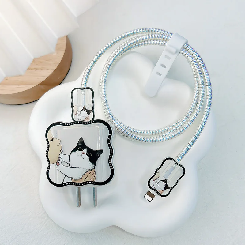 Cute Cat 5pcs Charging Data Cable Protector Winder Accessories For iPhone 18/20w Charger Protective Cover