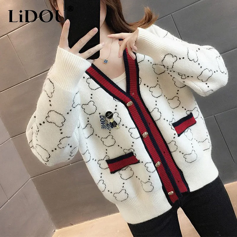 Autumn Winter New Printing Fashion Long Sleeve Sweater Women Casual Loose Button Korean Style Elegant Y2K All-match Cardigan