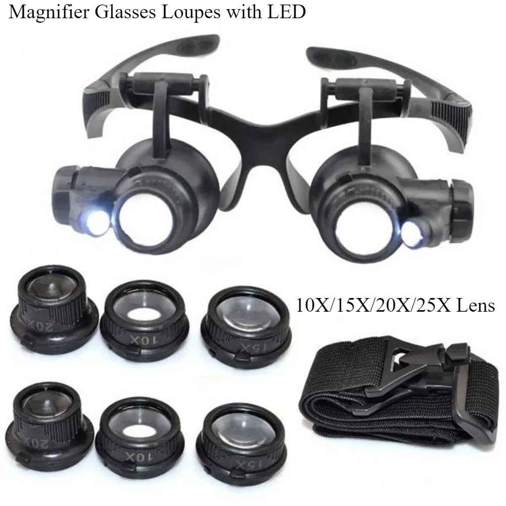 

10x 15x 20x 25x Eyewear Headband Head Wearing Magnifier LED Magnifying Glass with Light Loupes for Reading Loupe Repair