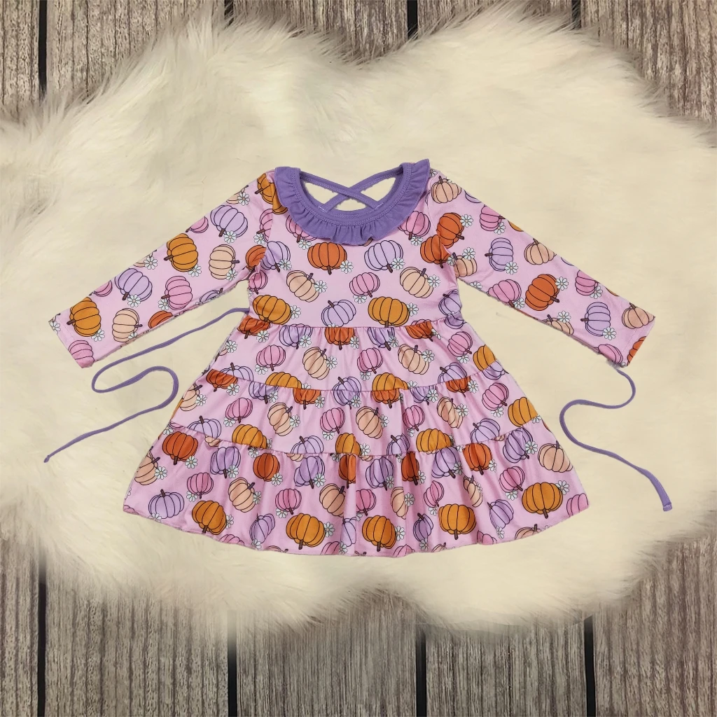 

Infant Toddler Thanksgiving Baby Girl Long Sleeves Pumpkins Flower Fall Ruffle Dress Kids Children Thankful Clothes Wholesale