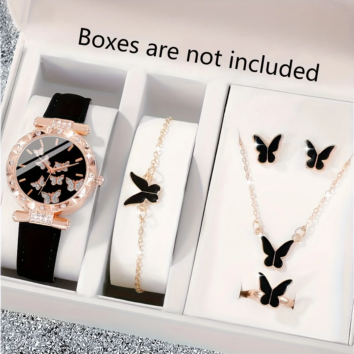Women's Elegant and Fashionable Butterfly Dial Watch+bracelet Necklace Ring Earrings Suitable for Daily Wear As Birthday Gifts