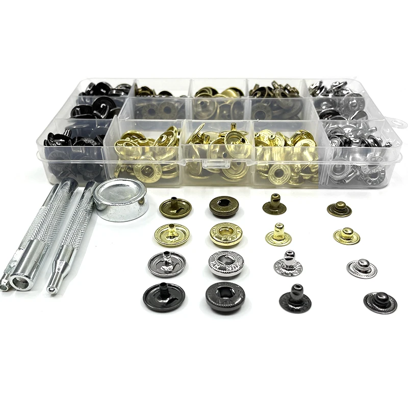 8/10/12.5/15mm（silver/bronze/black/gold) Snap Button+ install tools Boxed 80 sets Snaps Buttons Rivets Clothing Metal button