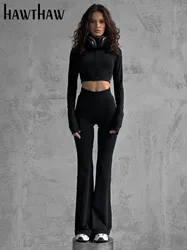 Hawthaw Women 2024 Spring Autumn Long Sleeve Black Crop Tops T Shirt Long Pants Two Piece Matching Sets Outfit Tracksuit