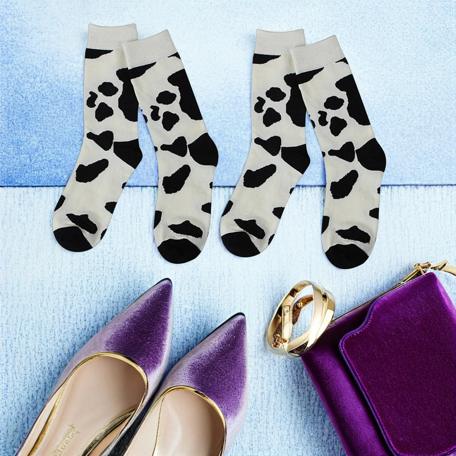 2pcs Women'S Cow Pattern Socks High Tube Warm Thick Cotton Casual Winter Stockings Comfortable Durable Fashionable Girl Socks