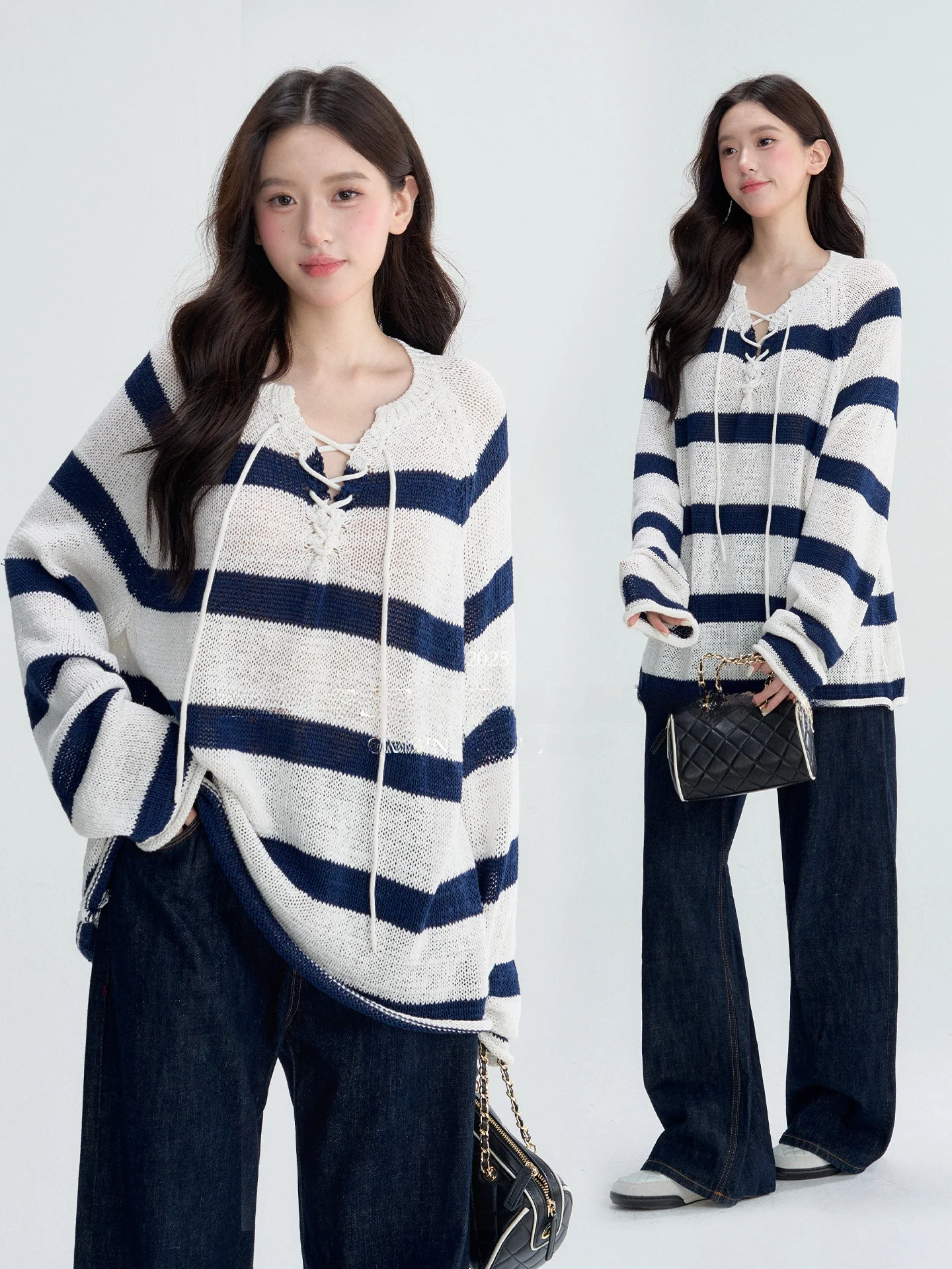 

Oioi e Women's Faionable Striped Long Sve Pullover Knitted Hollow out Roman Belted Top V-Ne Loose Fit Autumn Wear