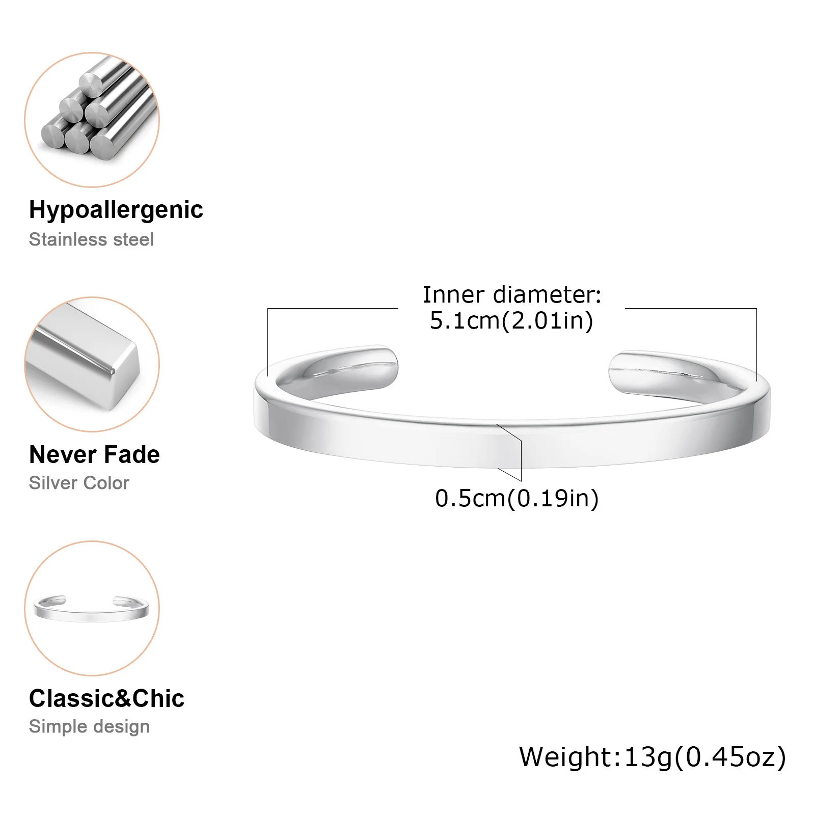 Vnox Simple 3mm-10mm Bangles for Women Men, Classic Glossy Stainless Steel Open Cuff Bracelets, Unisex Plain Wristband image 3
