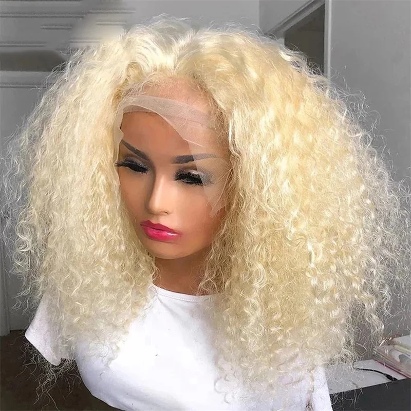 Soft Glueless 180Density 26Inch Long Blond Kinky Curly Deep Lace Front Wig For Women With Baby Hair Preplucked Daily