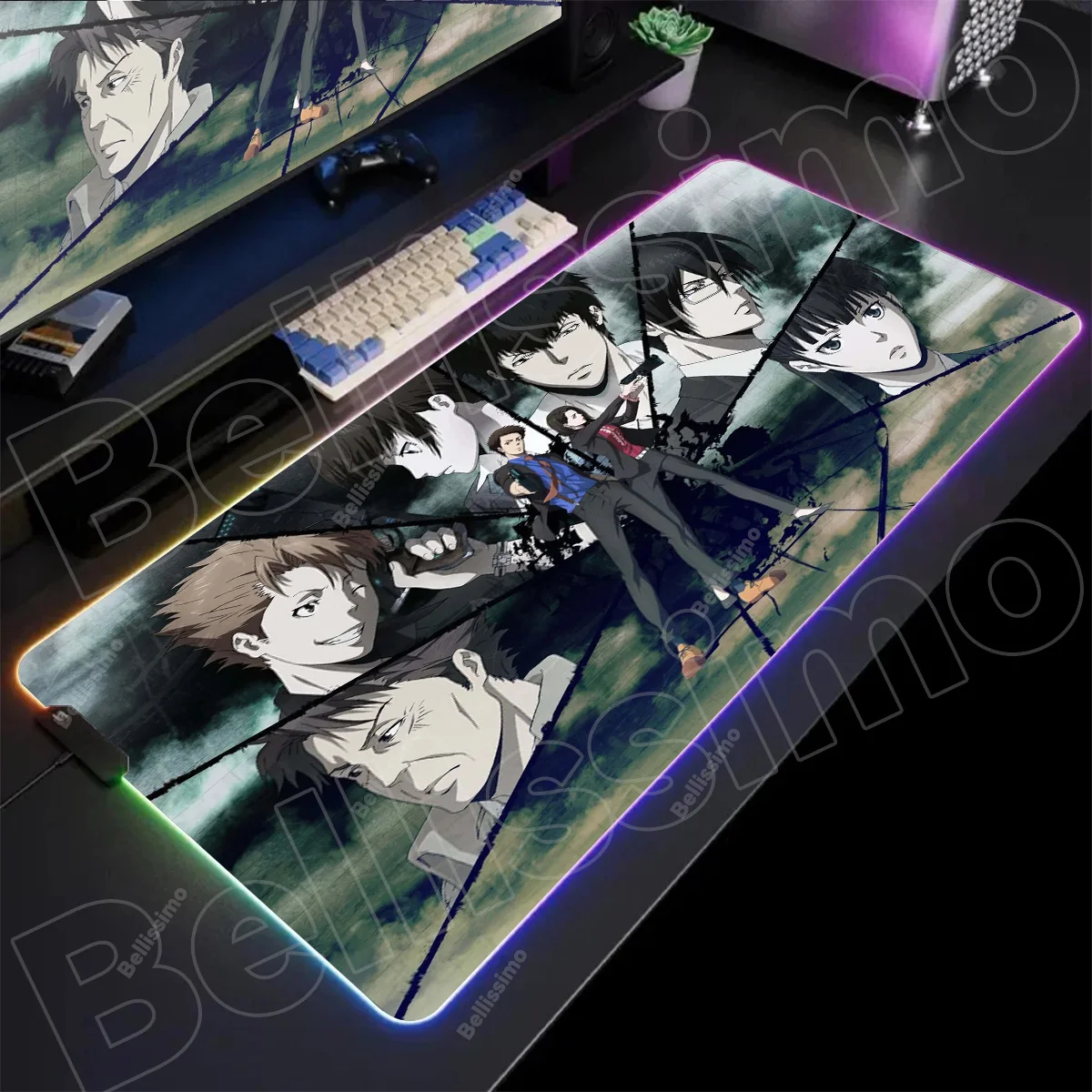 

Mouse Pad RGB Pc Accessories Psycho Pass LED Game Desk Mat E-sport Table Protector Neon Keyboard Mat Backlit Carpet Rug Give gif