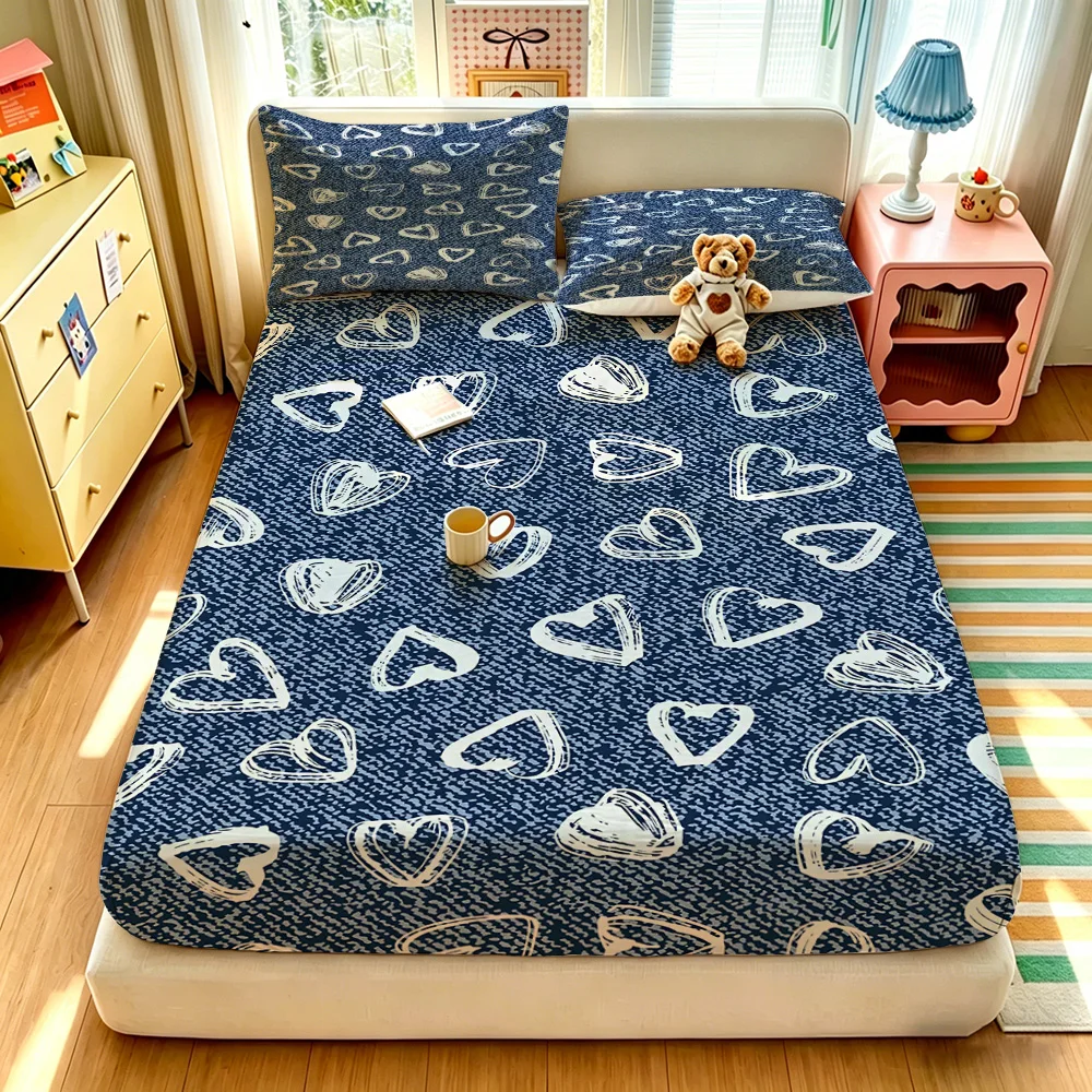 3pcs(1 duvet cover + 2 pillowcases, coreless)blue denim base and white hand-painted heart pattern Available in multiple sizes