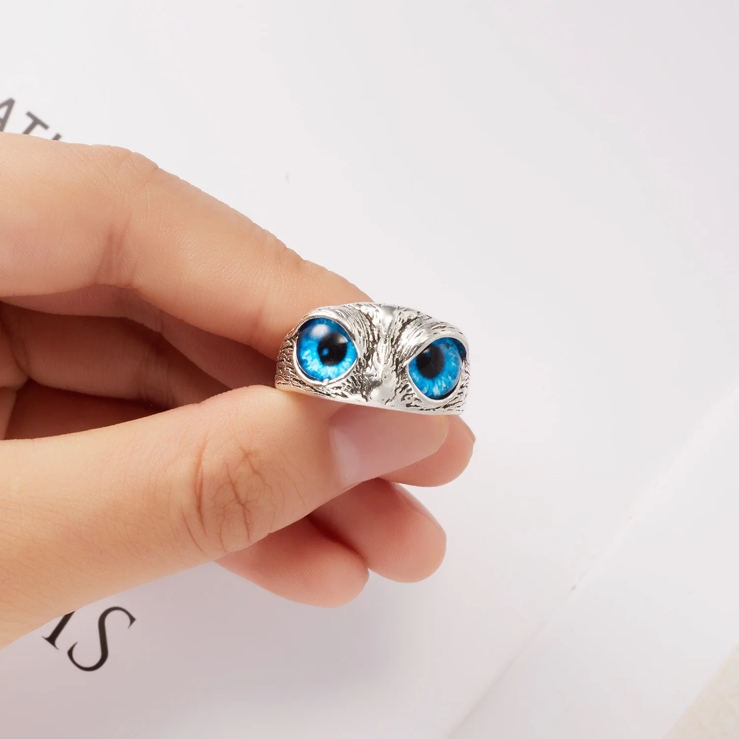 Retro Blue Eye Owl Ring Punk Gothic Adjustable Open Ring For Men Women Silver Color Alloy Jewelry Creative Accessories Cute Gift