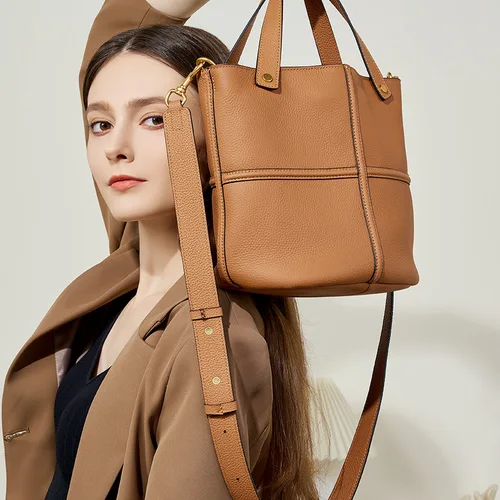 초가을 틈새 질감 올인원 소가죽 통근 대용량 버킷 백, 우아한 싱글 숄더 오블리크, 신상 첫 번째 레이어 