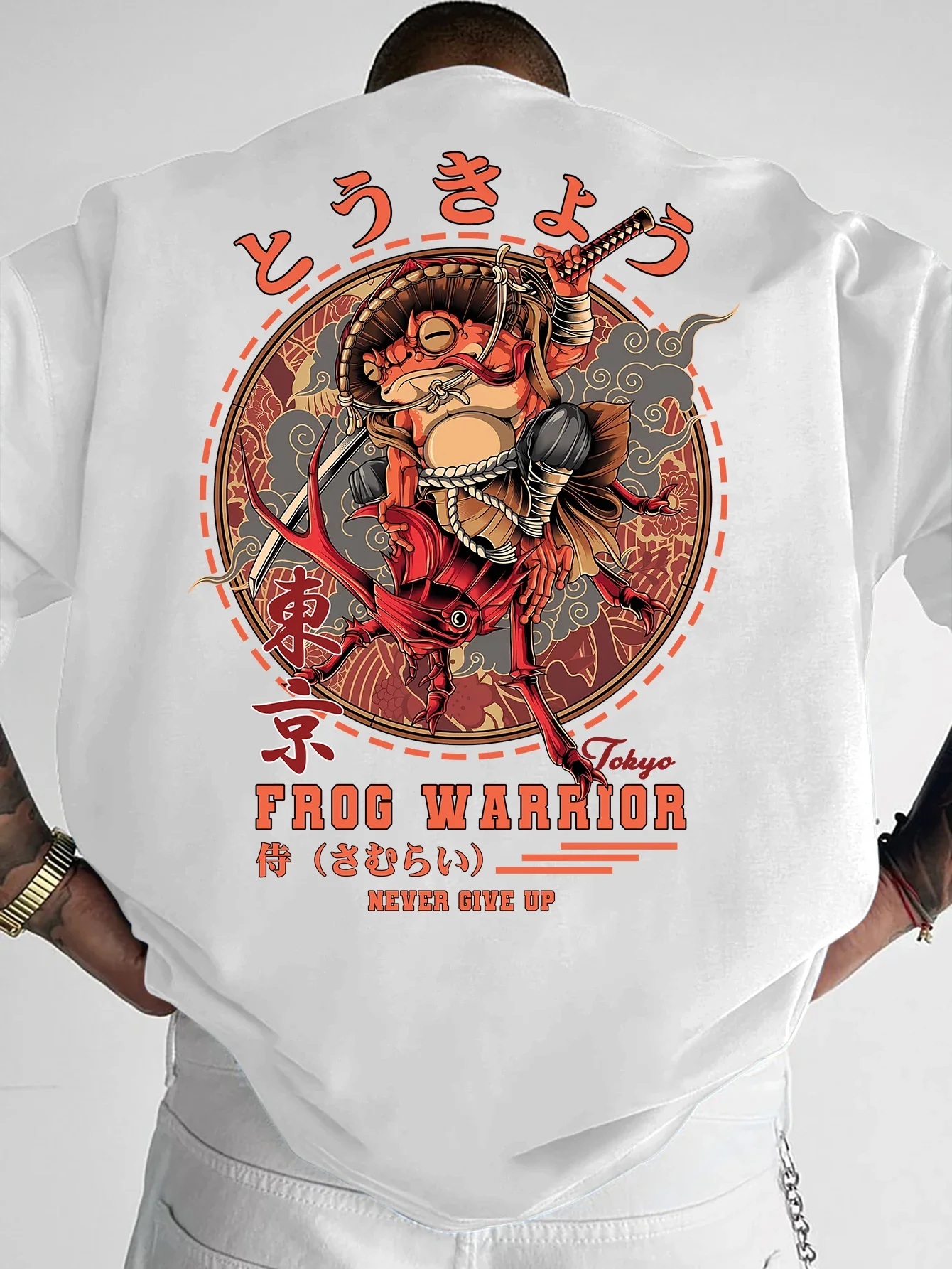 Herren-T-Shirt, Tokyo Frog Samurai Warrior, japanischer Textmusterdruck, Ukiyo-e Streetwear, Alltagskleidung, S-XXL – Detail 4