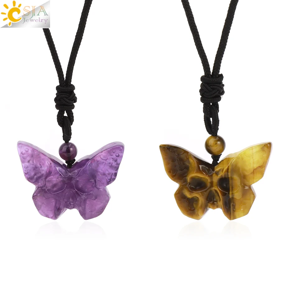 CSJA Natural Stone Necklace Butterfly Pendant Carved Ghost Face Healing Quartz Crystal Handmade Necklaces Halloween Jewelry H264