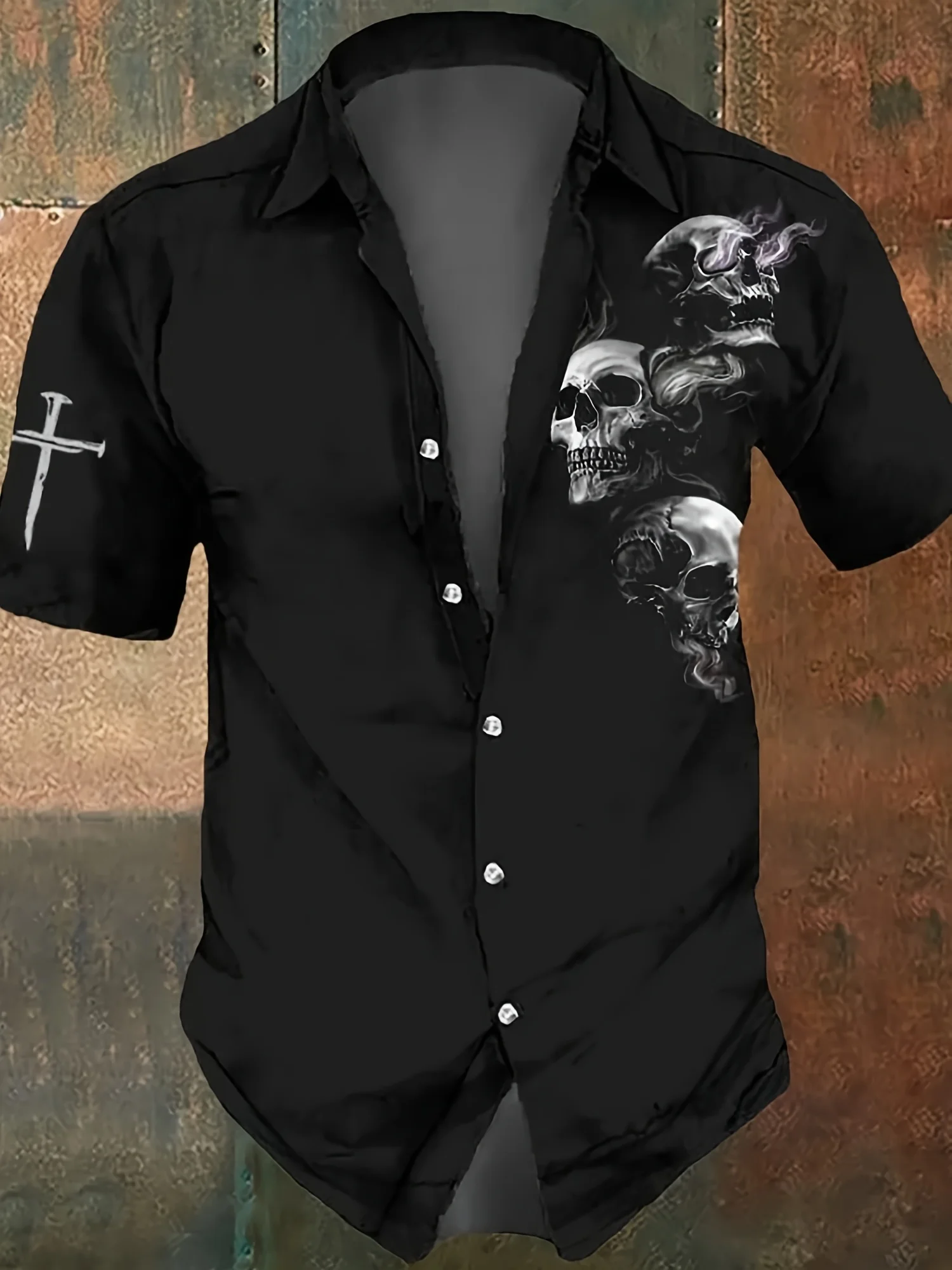 2026 Summer Men's Shirt with Skull Pattern Breathable and Lightweight Casual Roller Skating Hip-Hop Men's Clothing